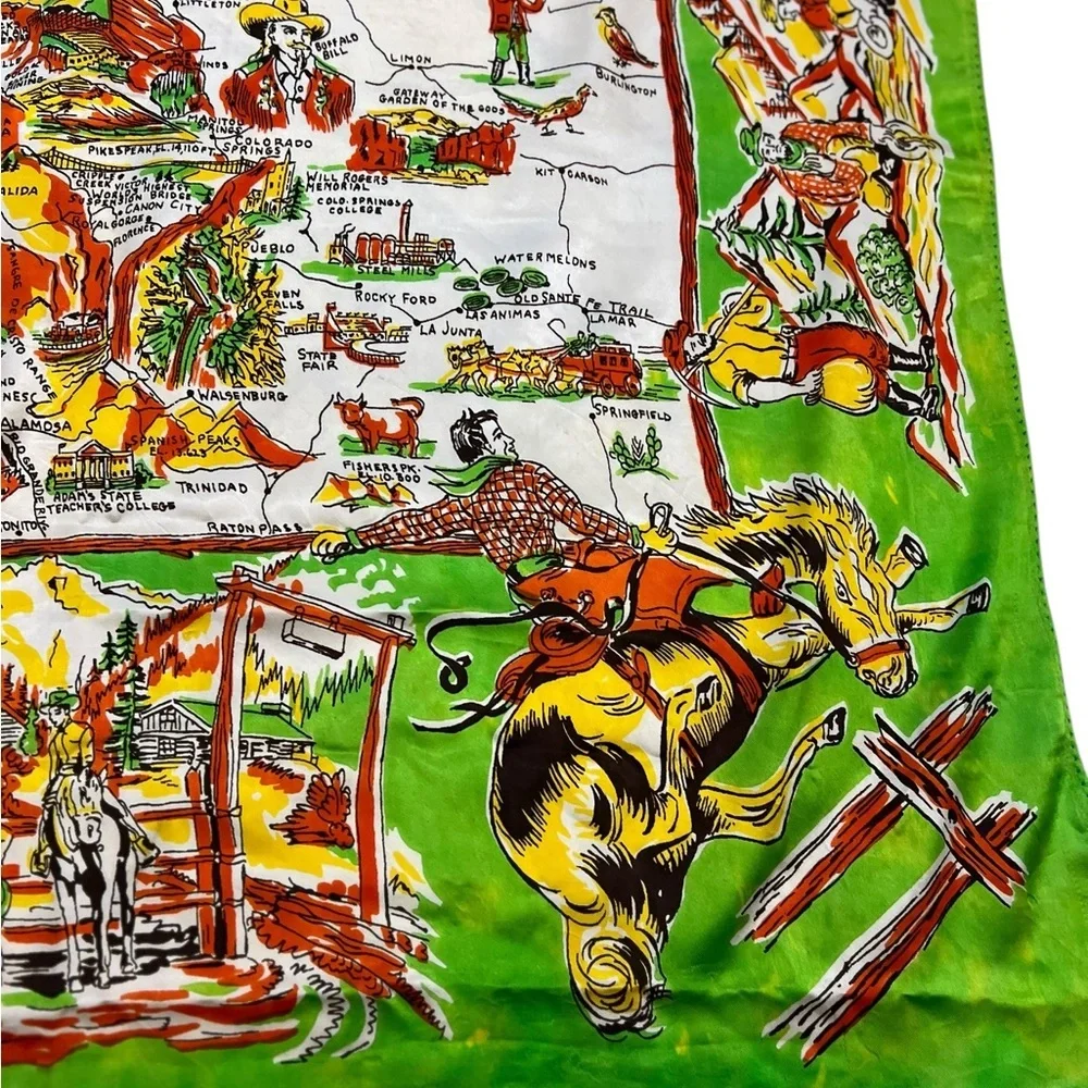 Vintage Colorful Colorado Centennial Souvenir Silk Scarf Picture Map Green